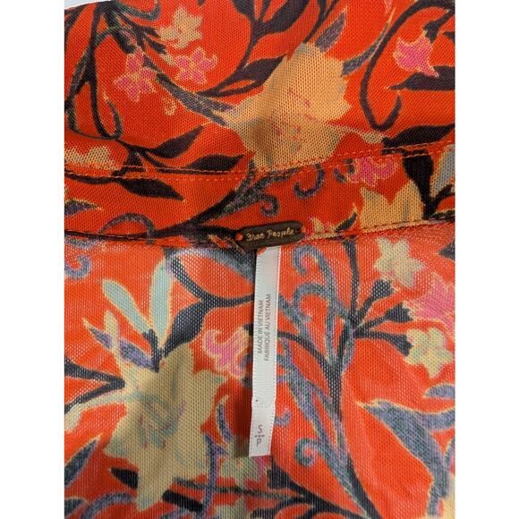 Free People Top Womens Small Orange Floral Mesh Button Front Fitted Blouse Boho - Picture 5 of 10